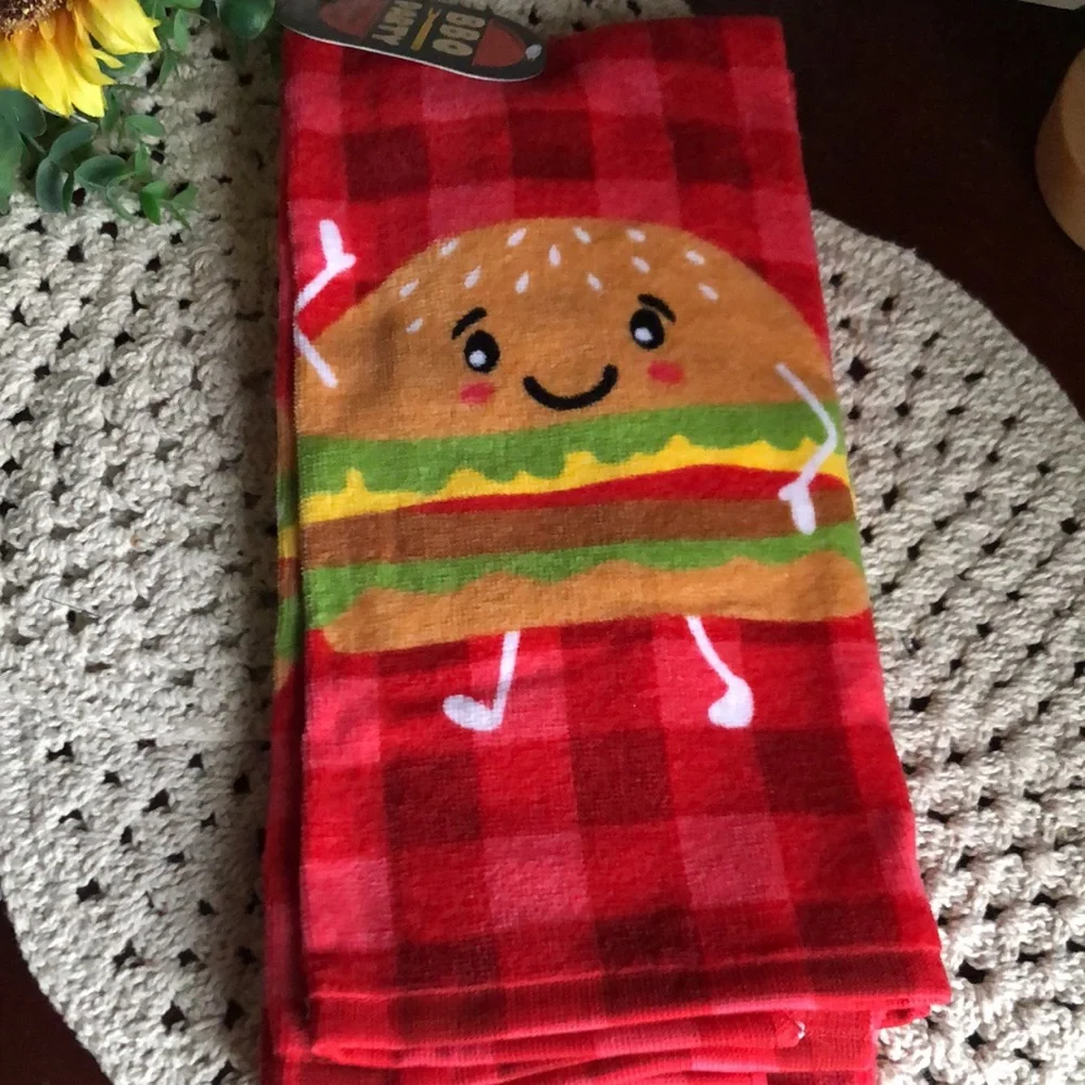 Cute Dancing Burger Kitchen Towel Set - Red Plaid